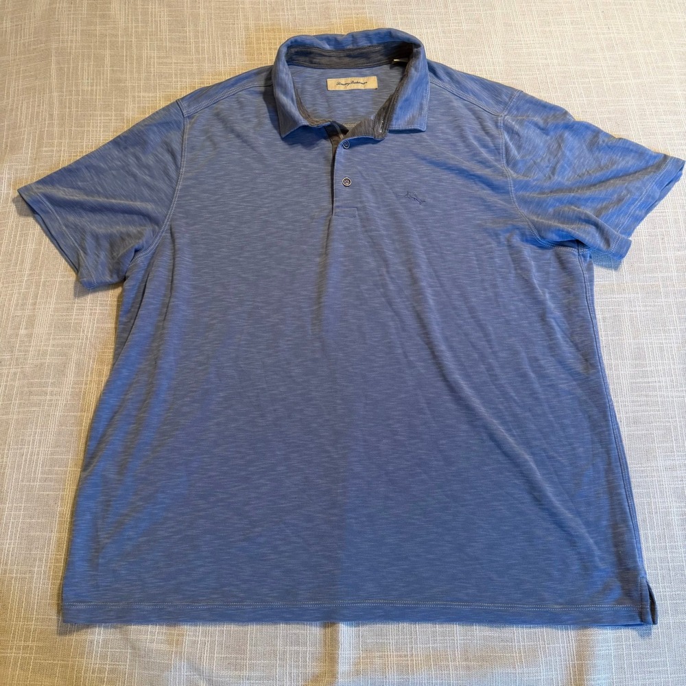 Tommy Bahama Mens XXL Blue Tencel Modal Slub Short Sleeve Polo Shirt Snag